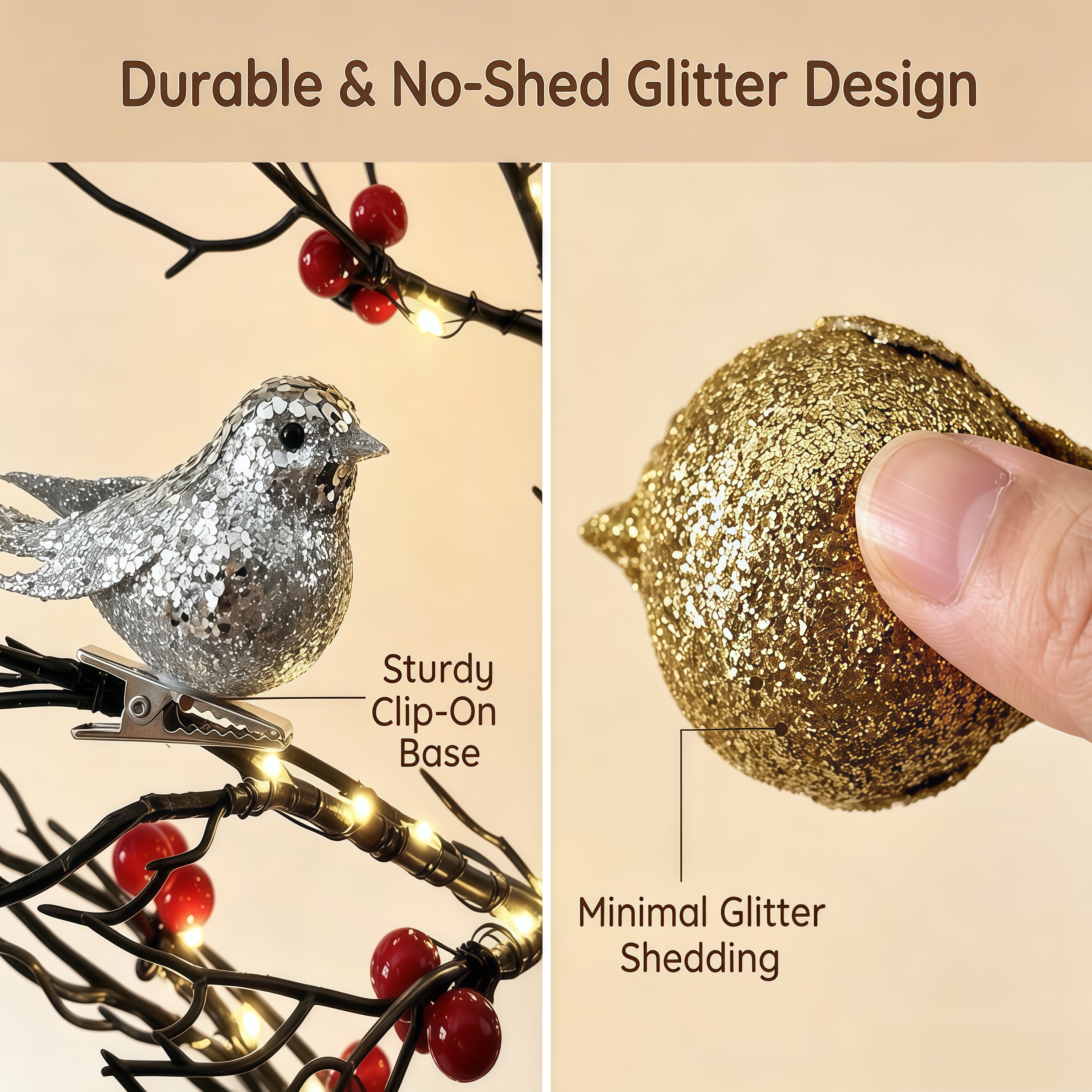 Durable no-shed glitter bird design
