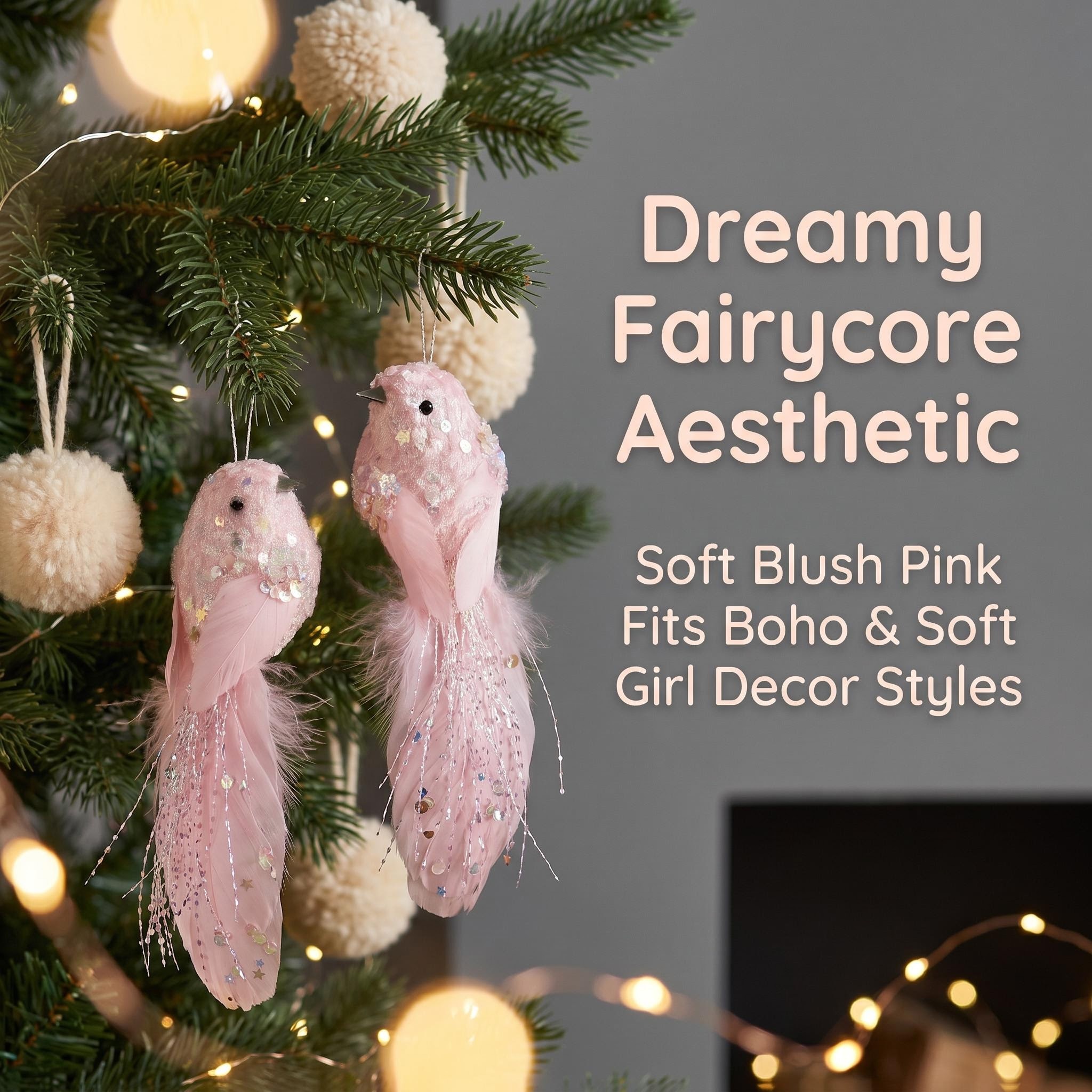 Blush pink feather bird ornament for fairycore gift and florist decor