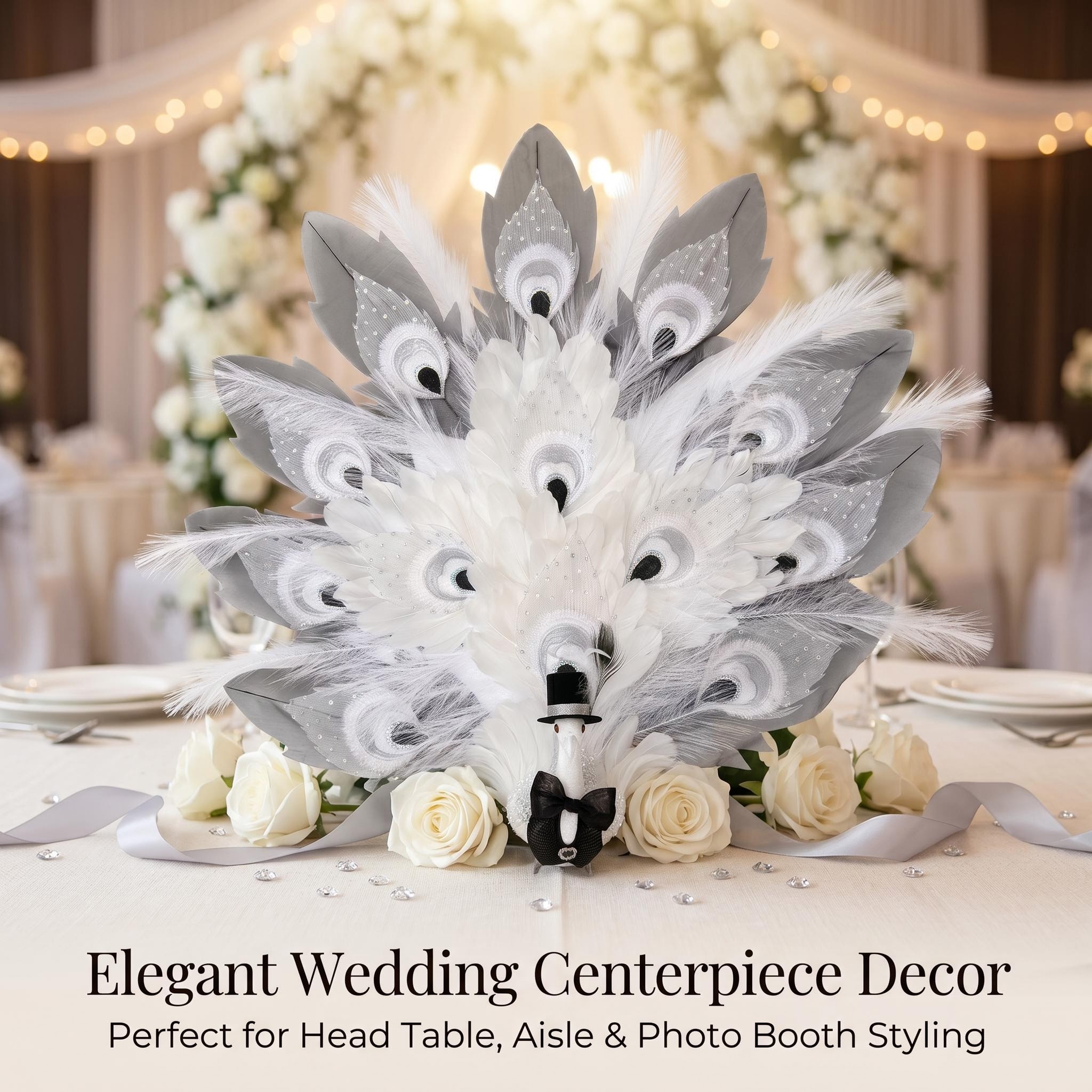 Feather peacock wedding centerpiece decor for head table aisle and photo booth styling