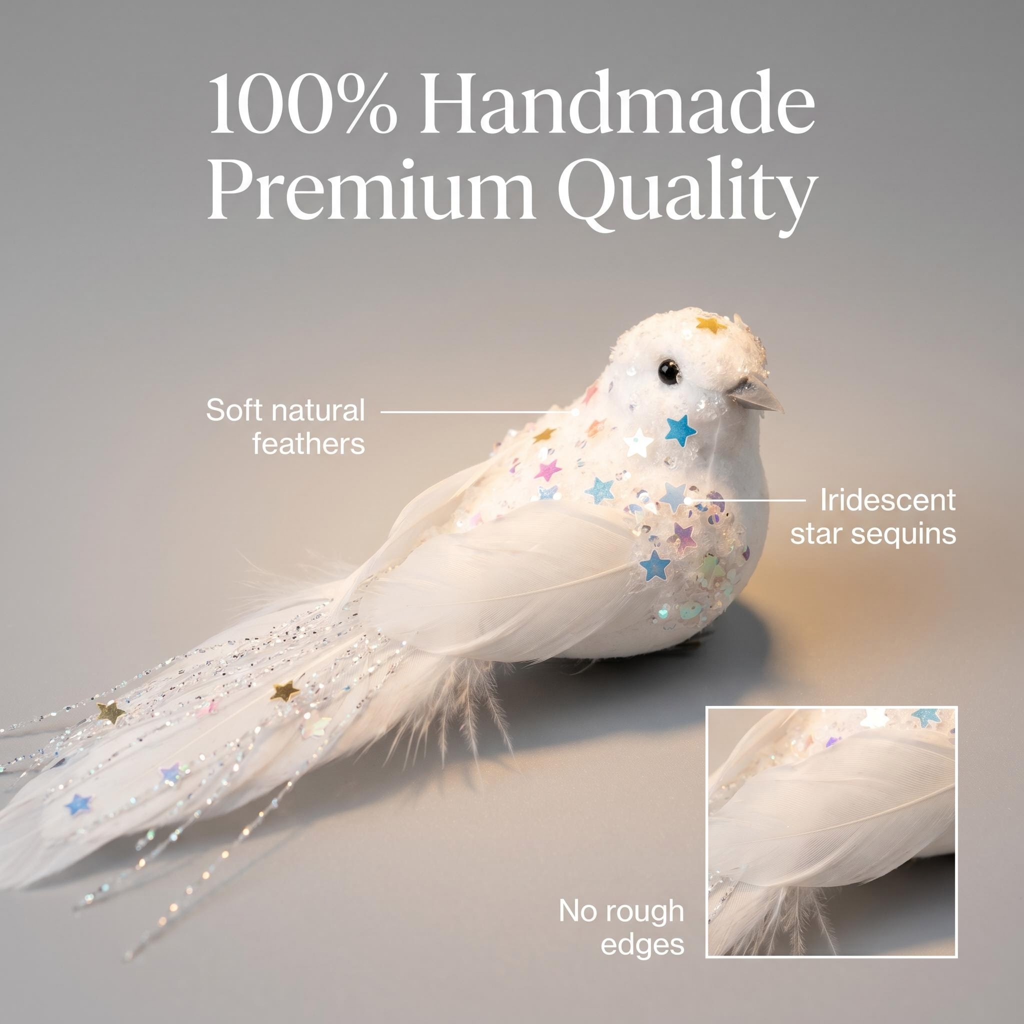 Handmade white feather bird ornament with sequins and soft natural feathers