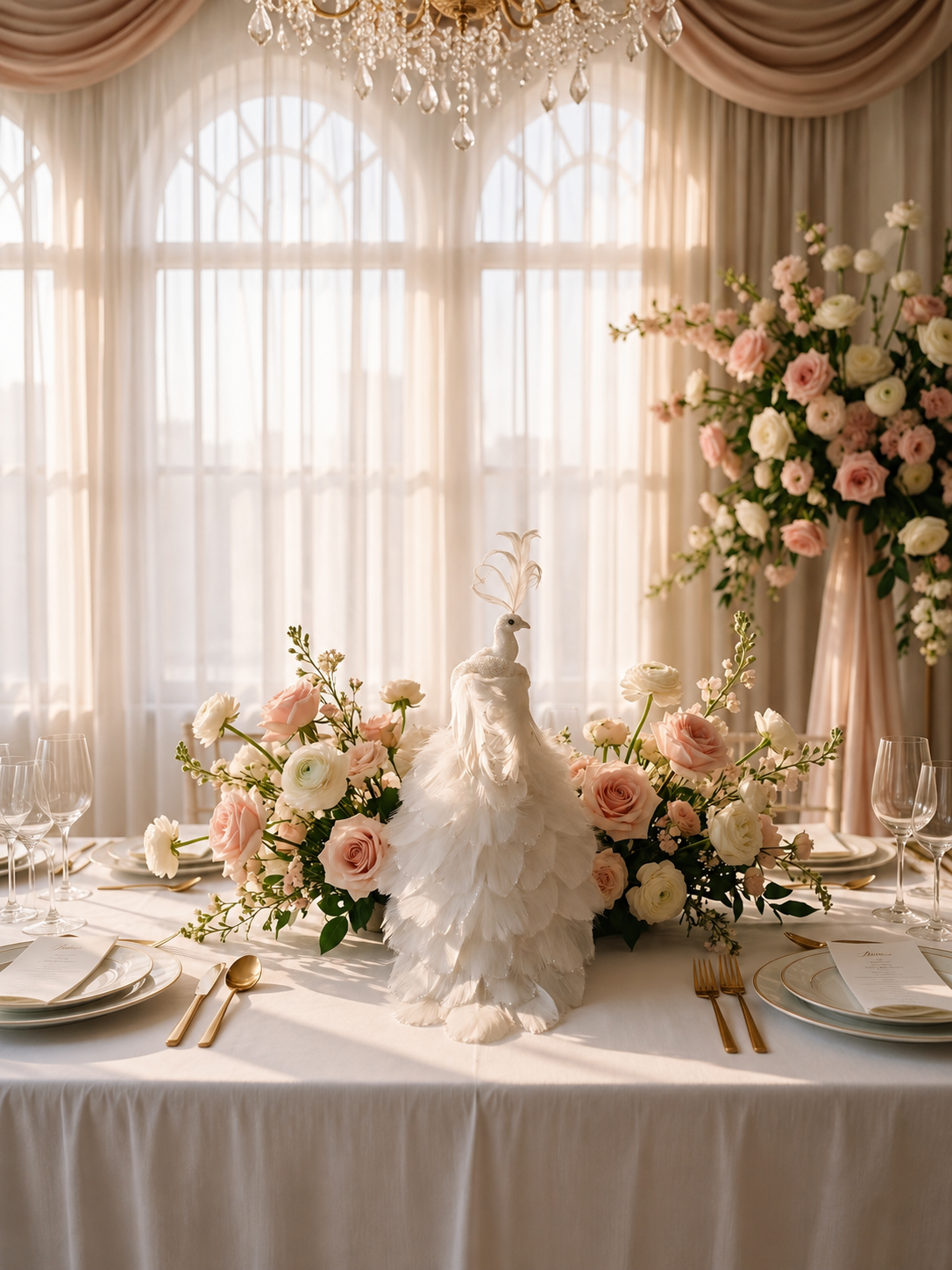 Luxury white peacock wedding table floral arrangement for event decor buyers