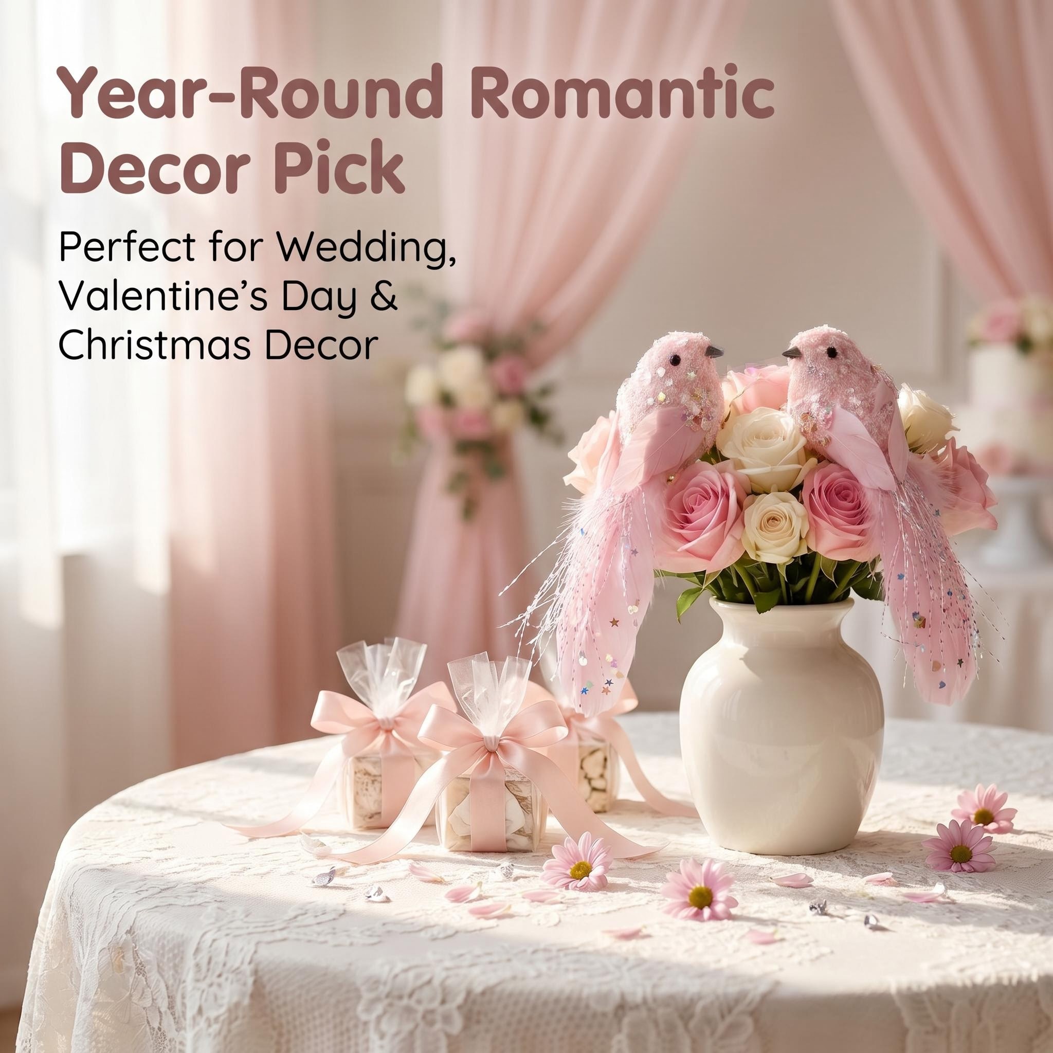Pink feather bird bouquet decor for wedding Valentine and Christmas retail displays