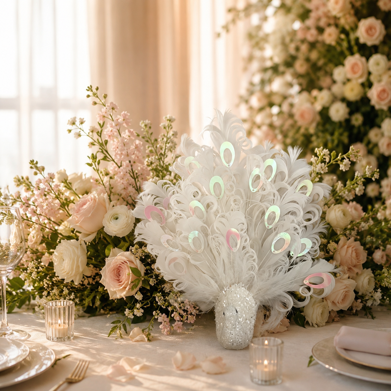 White peacock floral wedding table centerpiece for wholesalers and event planners