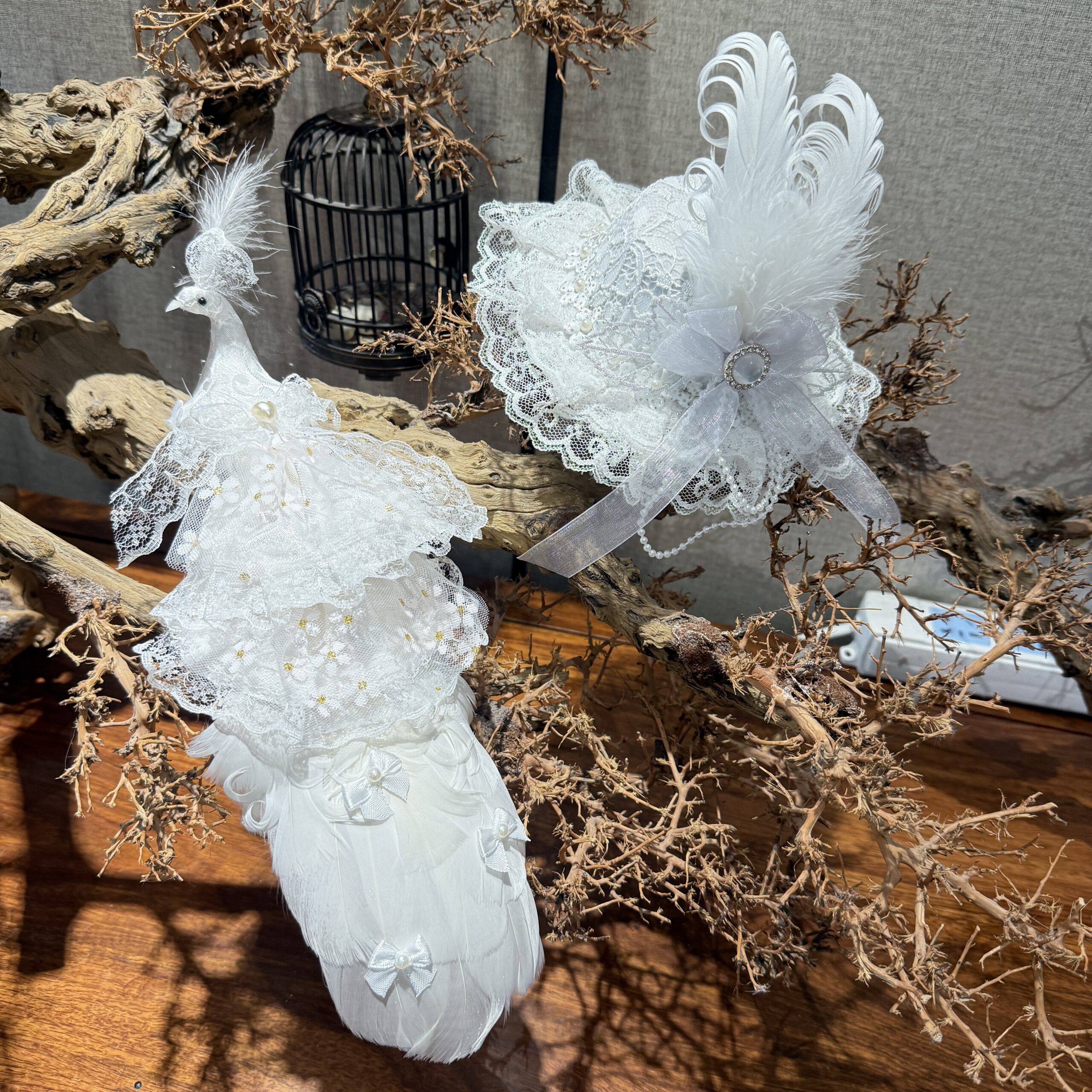 White peacock clip ring home decor display